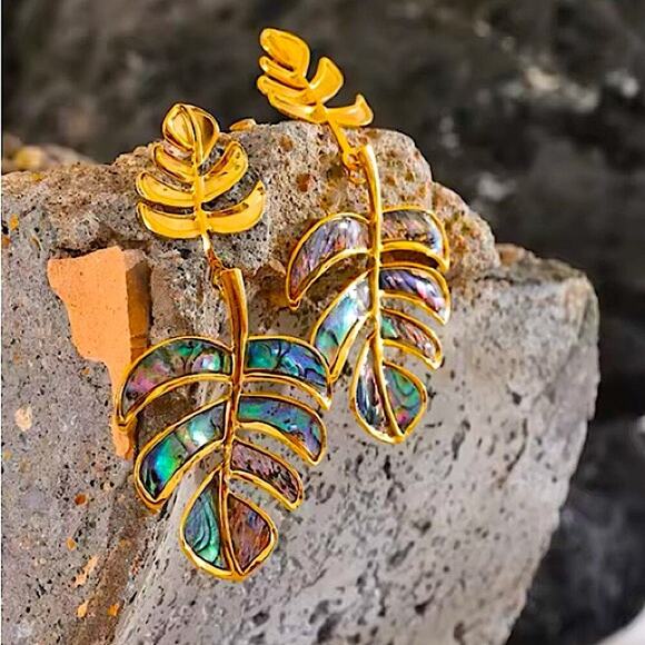 Boho Gold Iridescent Leaf Earrings Stainless Steel Gold Plated - Picture 5 of 11